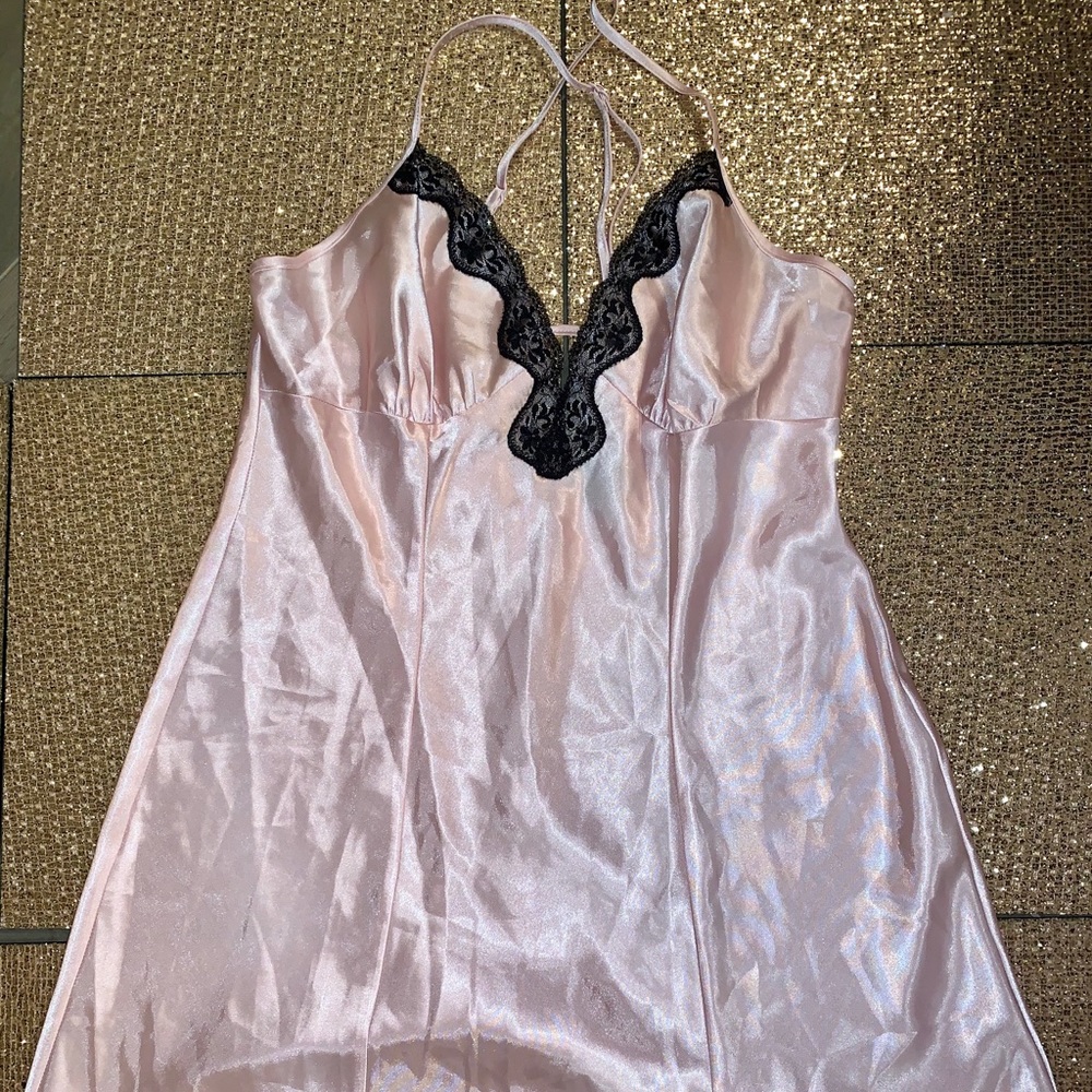 Pink and black lace detail silky nightgown slip